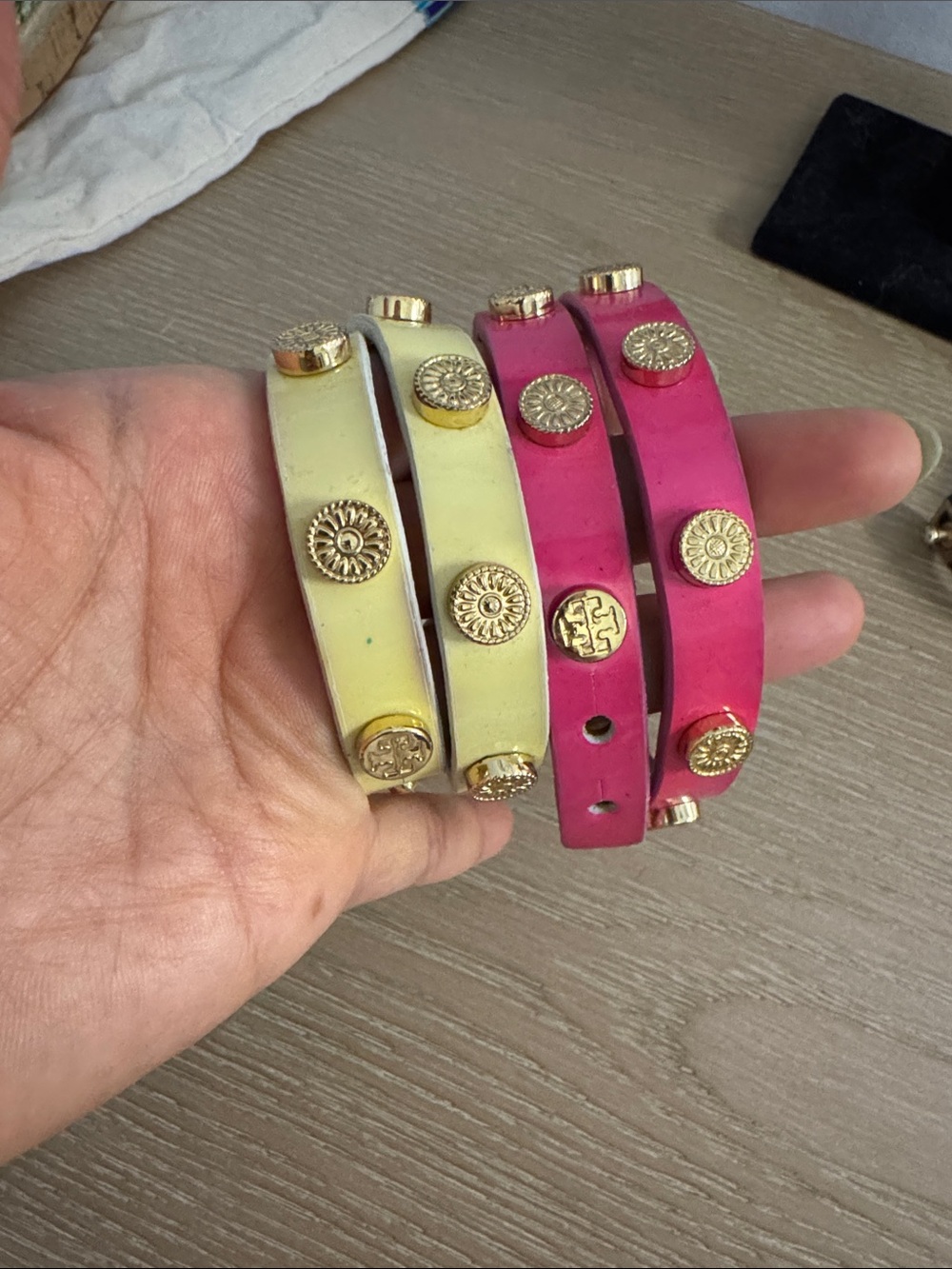 Tory Burch BUNDLE Pink and Cream Leather Studded Wrap Bracelets worn